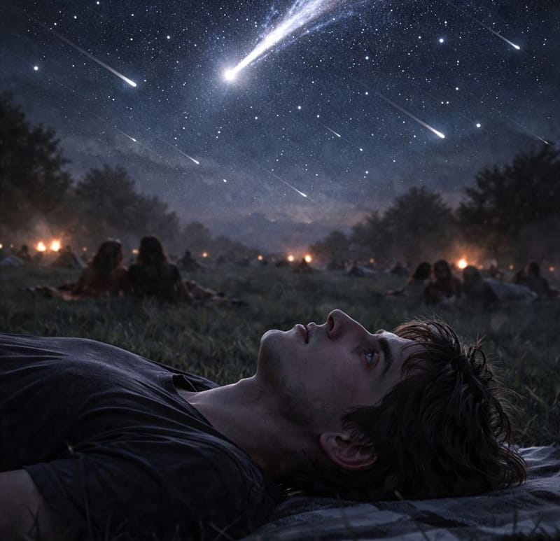 Uomo sdraiato su un prato durante una notte d’estate, osserva una cometa e stelle cadenti nel cielo notturno, mentre altre persone sono sullo sfondo. Immagine evocativa di solitudine, desiderio e introspezione legata alla poesia “Stelle taglienti”.